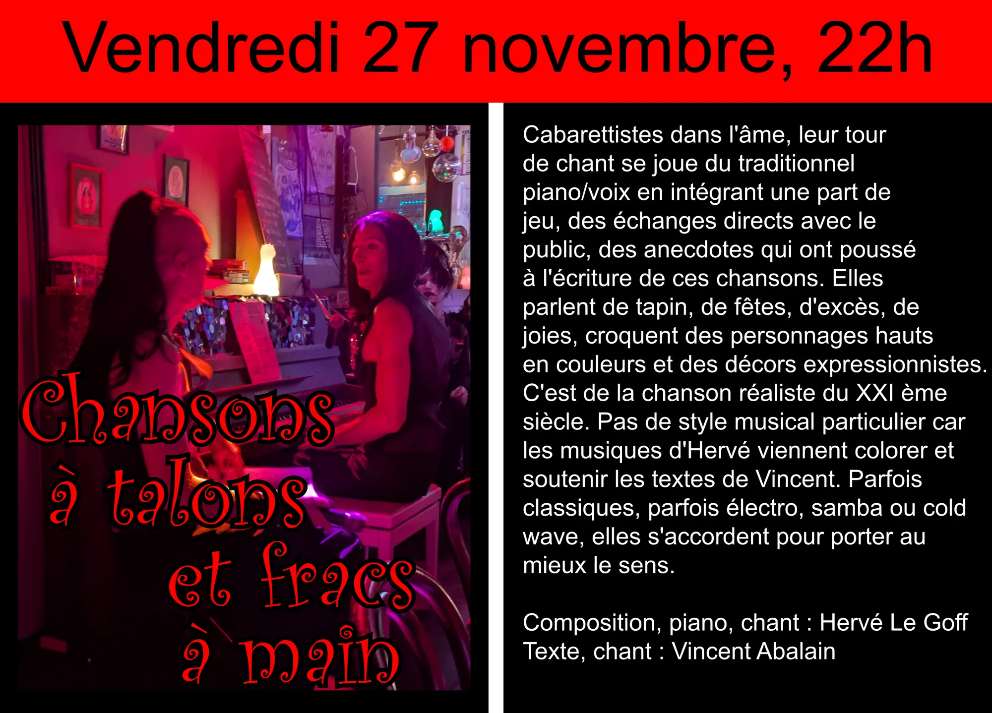 Présentation de « Chansons à talons et fracs à main », vendredi 27 novembre à 22h